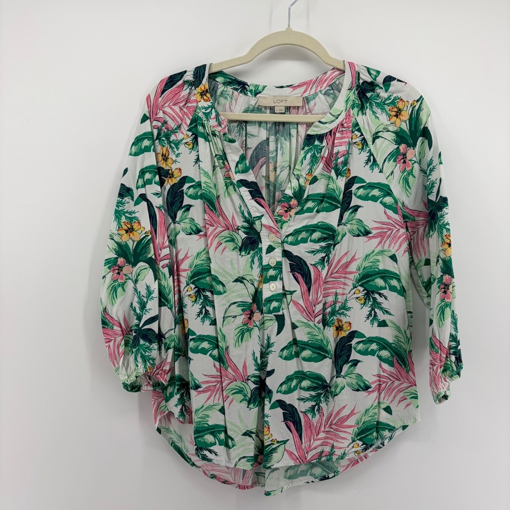 LOFT Womens Medium White‎ Tropical Floral 3/4 Sleeve V-Neck Button Blouse